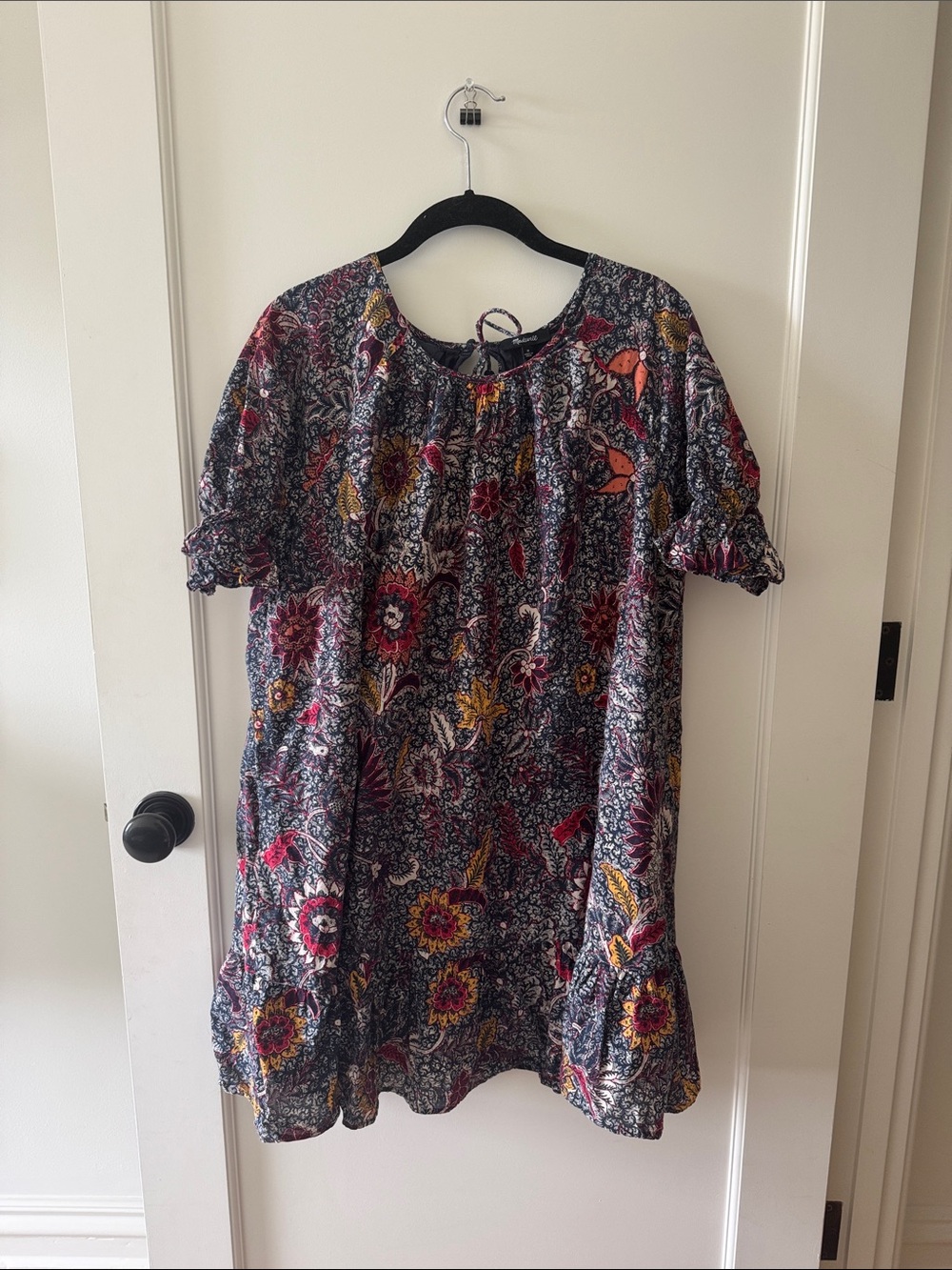 Madewell Floral Print Short Sleeve Shift Dress in Blue, Gold, Burgundy